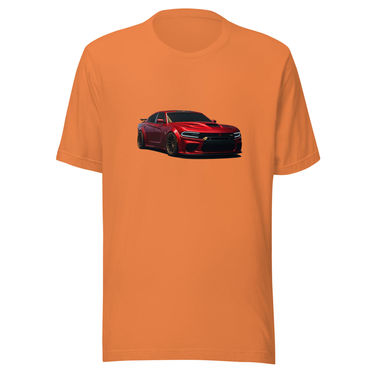 Front view of the burnt orange Charger + Challenger + Lambo shown without a model on a white background.
