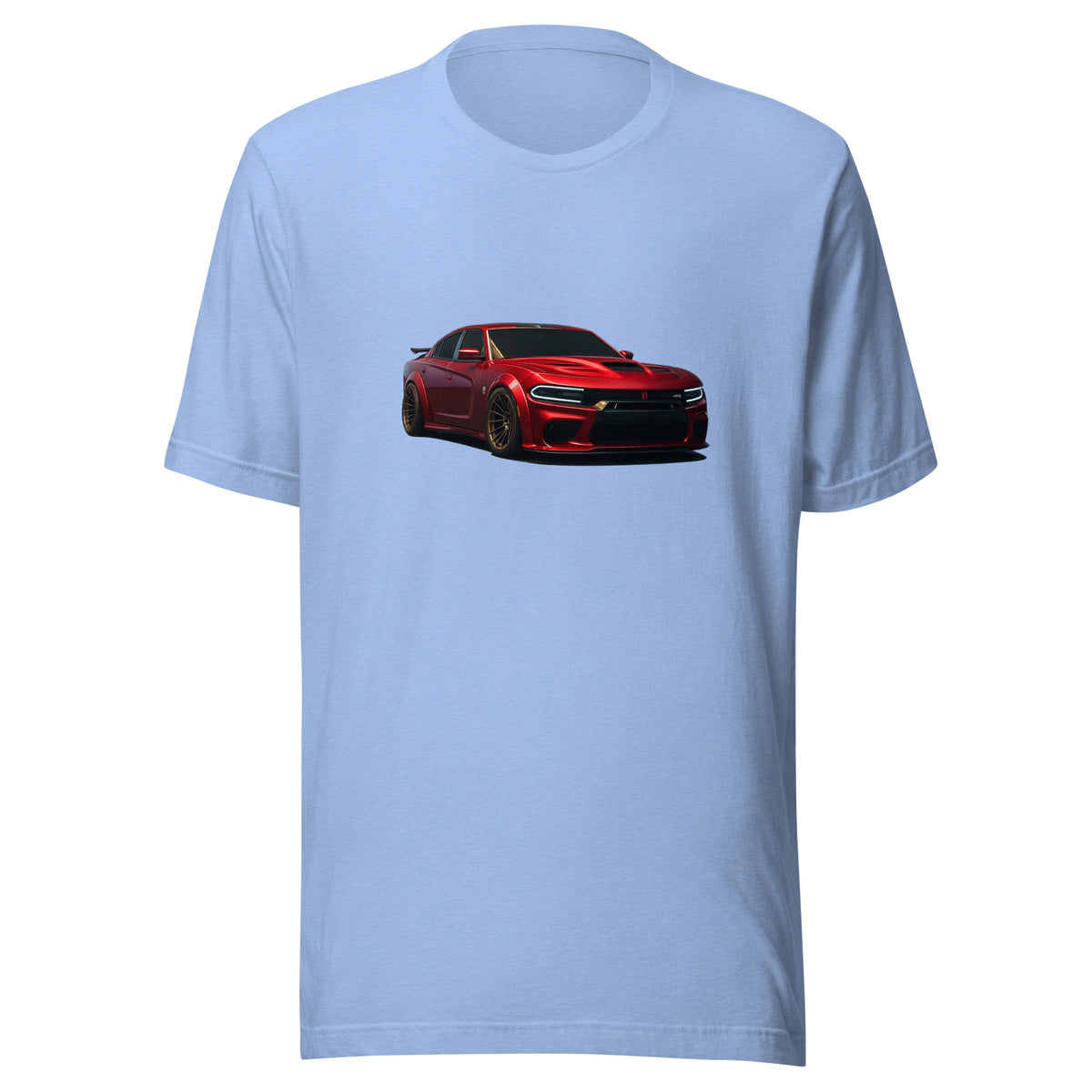 Front view of the heather carolina blue Charger + Challenger + Lambo shown without a model on a white background.