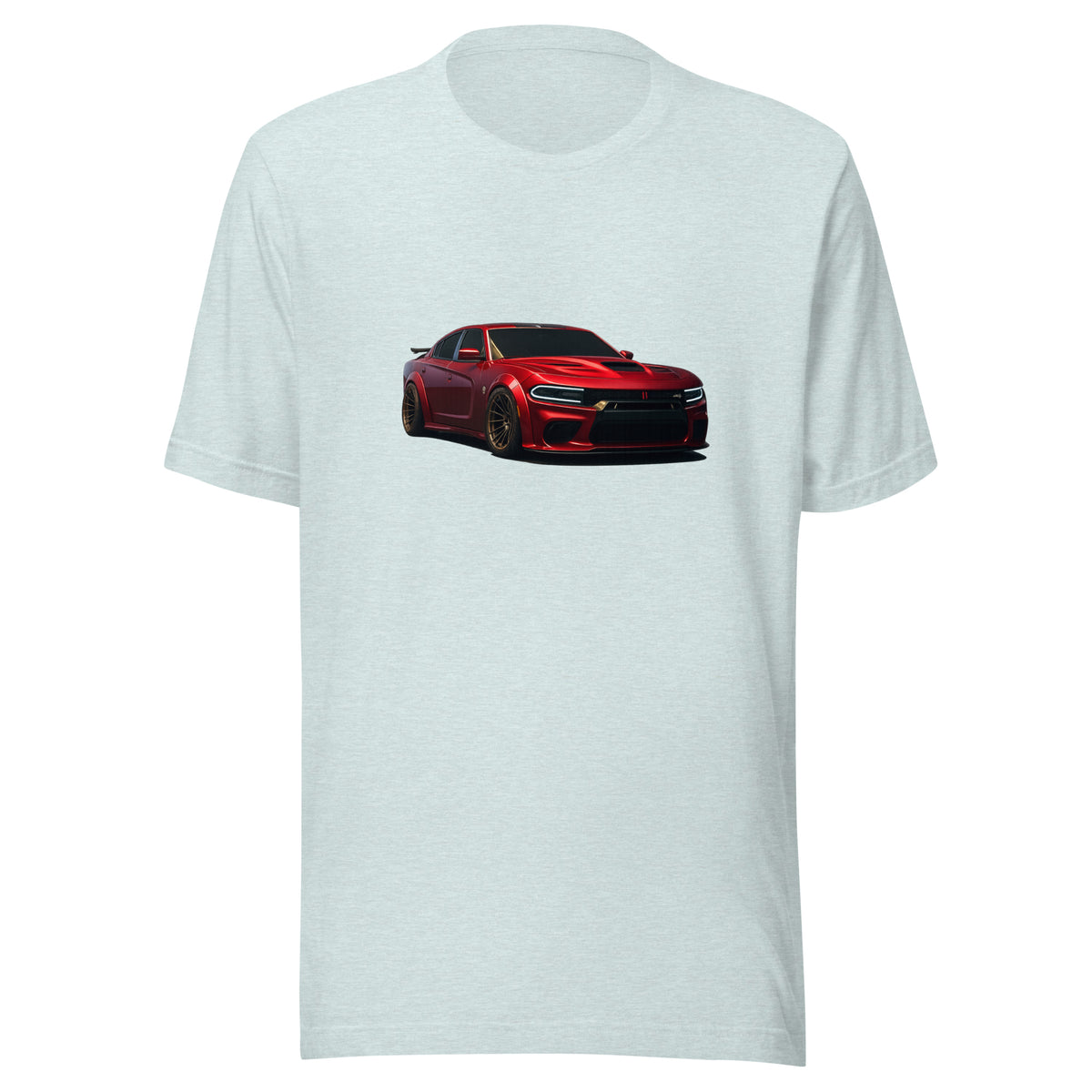 Front view of the heather prism ice blue Charger + Challenger + Lambo shown without a model on a white background.
