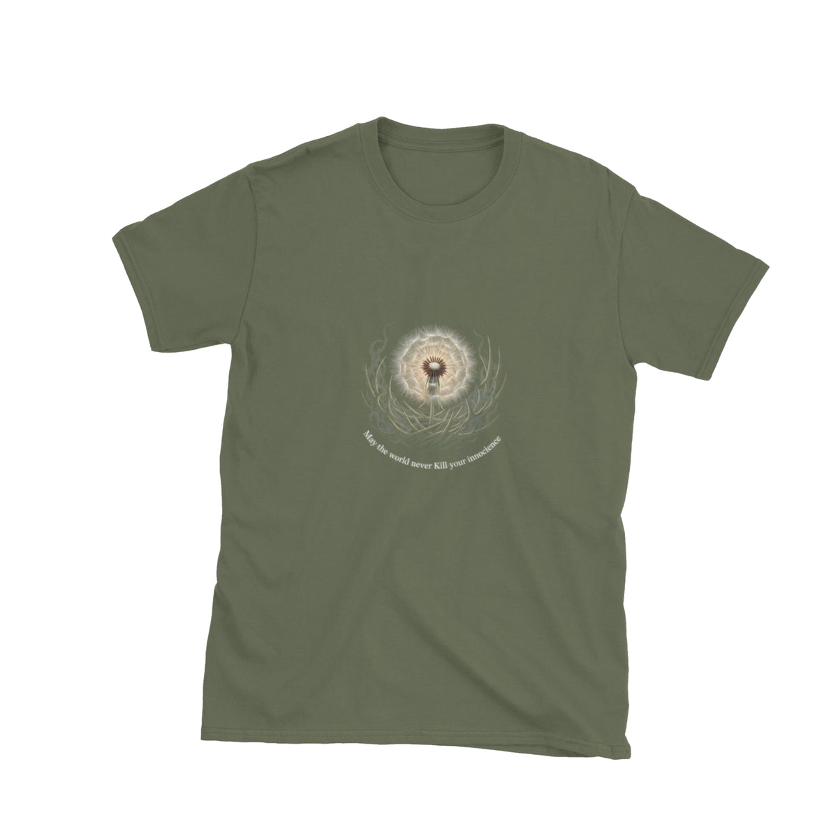 May The World Never Kill Your Innocence in military green — front view.