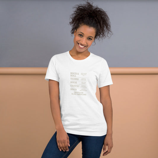 Model wearing the white Black Music Genres graphic T-shirt, front view.