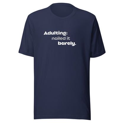 Front view of the navy Adulting: nailed it, barely. shown without a model on a white background.