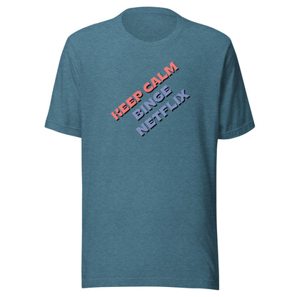 Front view of the heather deep teal Keep calm, binge Netflix shown without a model on a white background.
