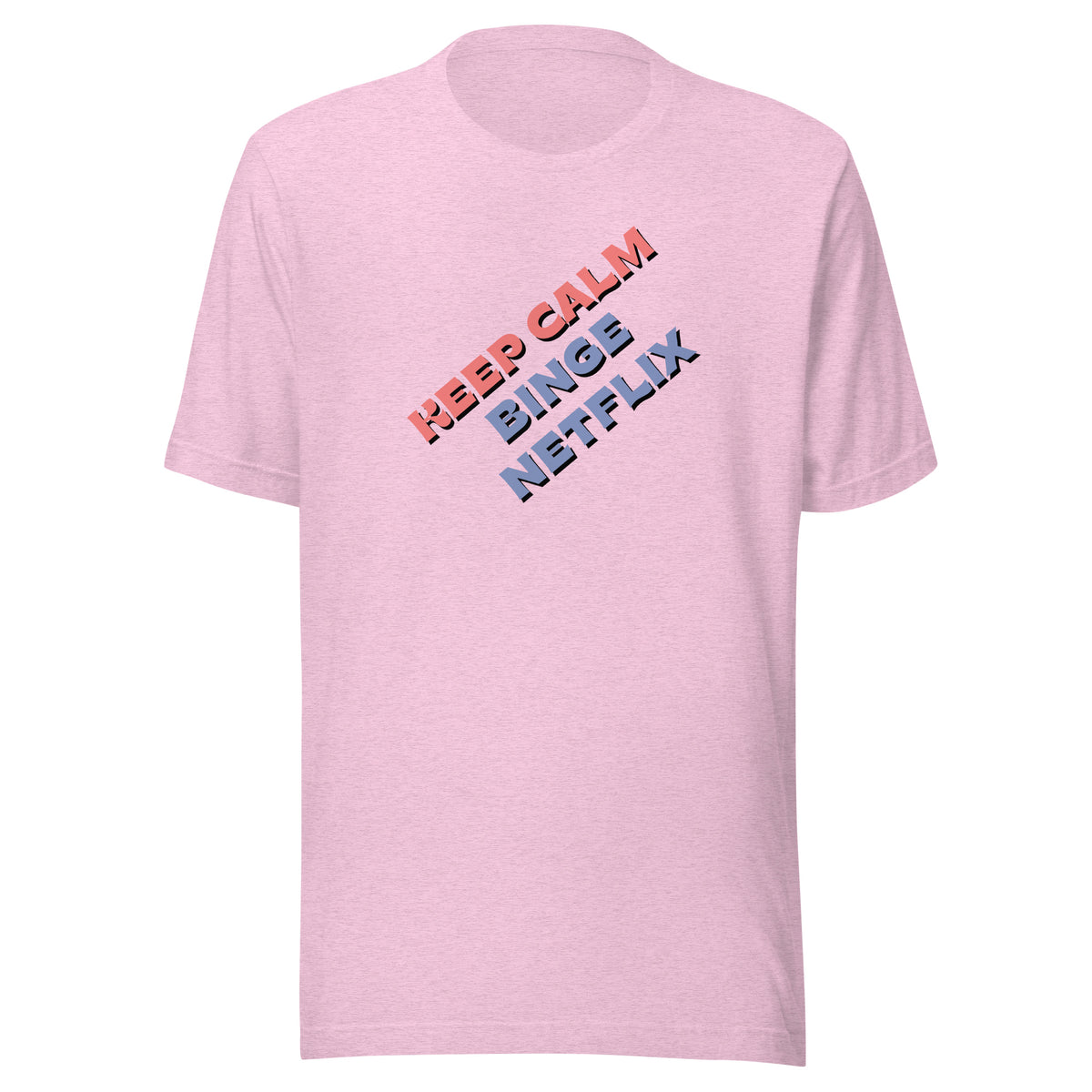 Front view of the heather prism lilac Keep calm, binge Netflix shown without a model on a white background.