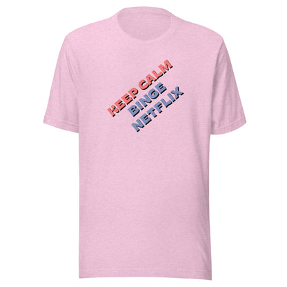 Front view of the heather prism lilac Keep calm, binge Netflix shown without a model on a white background.