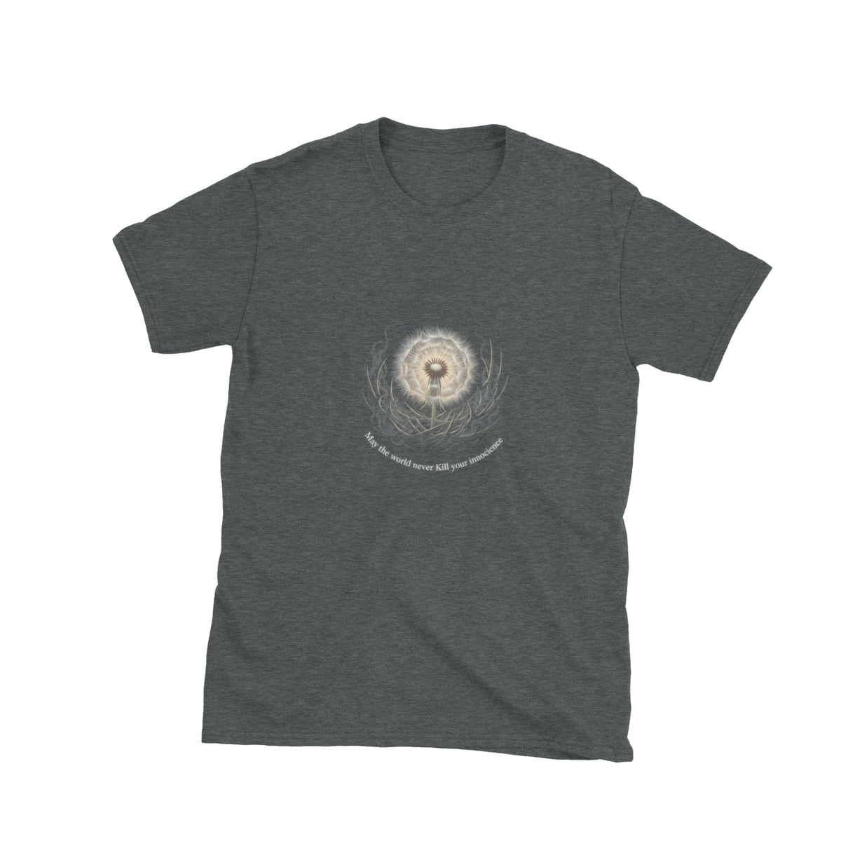 May The World Never Kill Your Innocence in dark heather — front view.