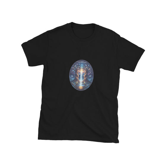 The Cosmic Redwood Grove: Ancient Wisdom's Embrace in black — front view.