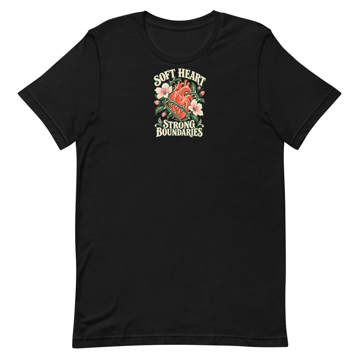 Front view of a black t-shirt with a coral heart, flowers, thorns, and the words Soft Heart Strong Boundaries.