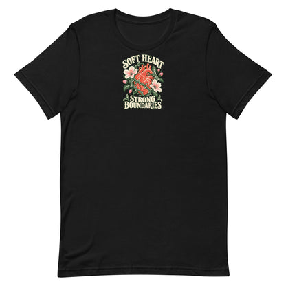 Front view of a black t-shirt with a coral heart, flowers, thorns, and the words Soft Heart Strong Boundaries.