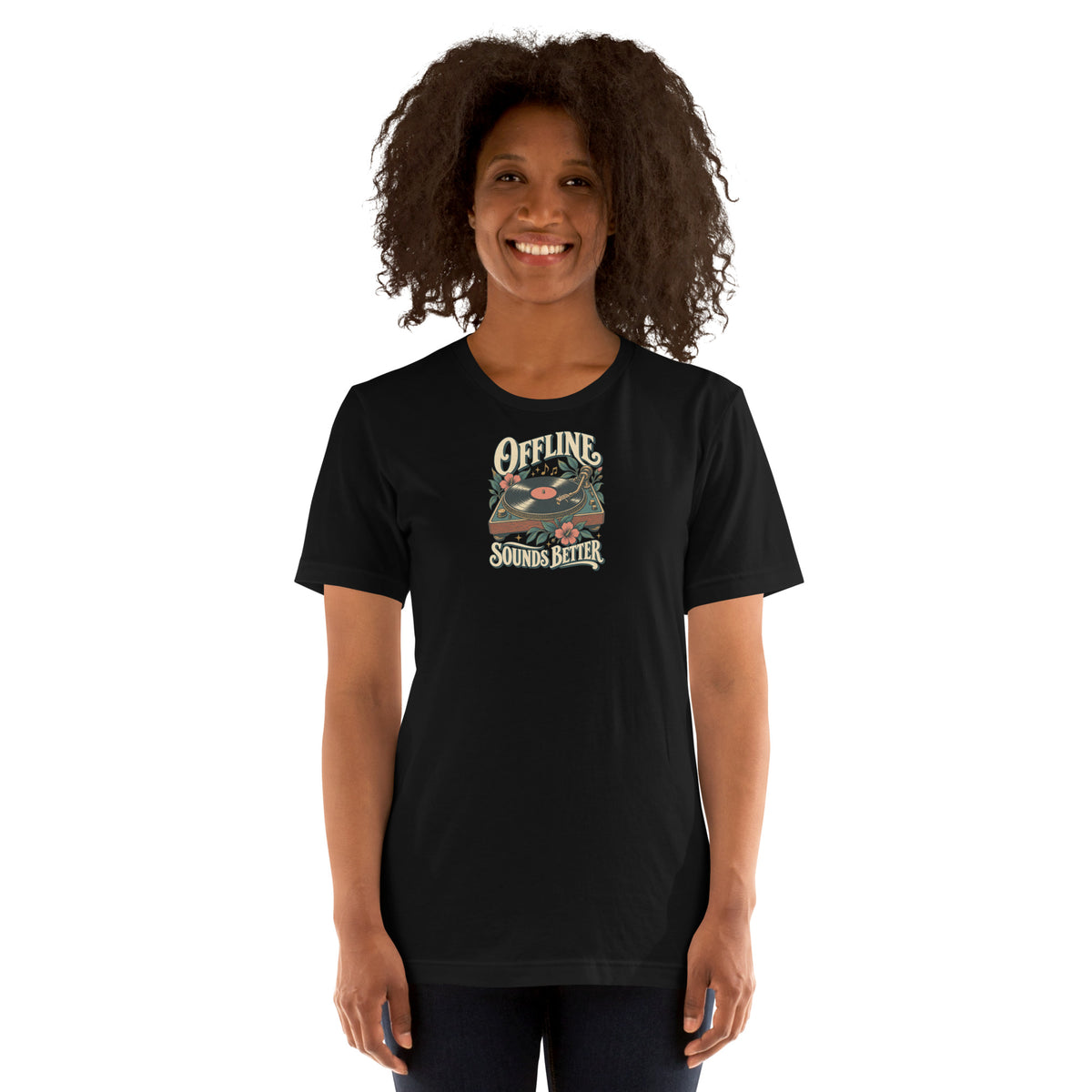 Model wearing the black Offline Sounds Better T-shirt with vintage turntable and botanical artwork on the front.
