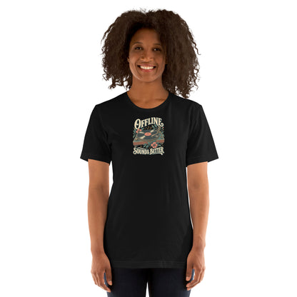 Model wearing the black Offline Sounds Better T-shirt with vintage turntable and botanical artwork on the front.