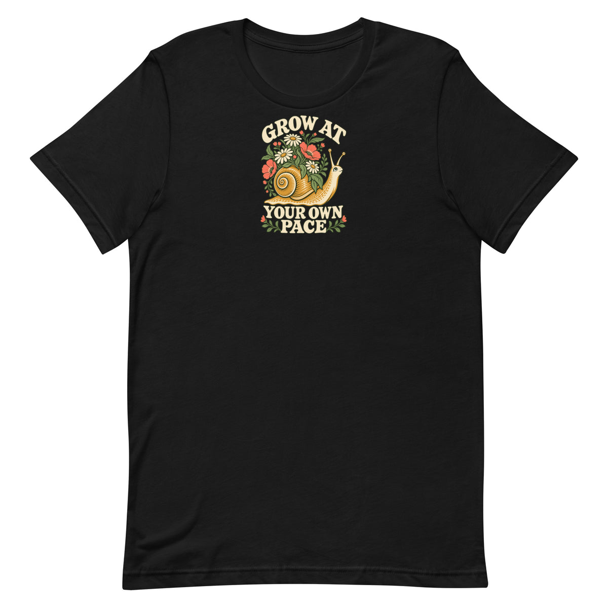 Front view of a black t-shirt with a flower-covered snail and the words Grow at Your Own Pace.