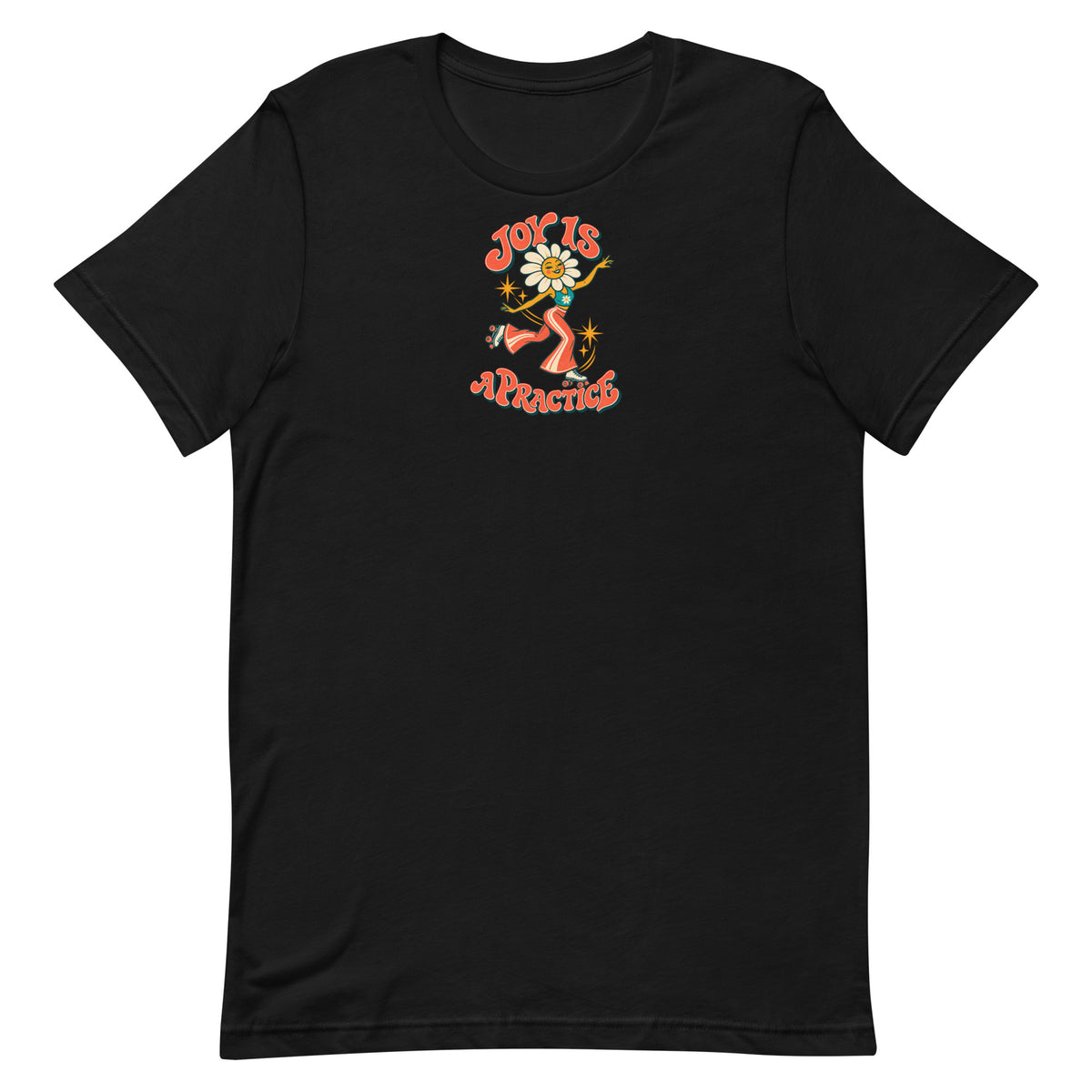 Front view of a black Joy Is a Practice t-shirt with a colorful flower-headed roller skater and retro lettering.