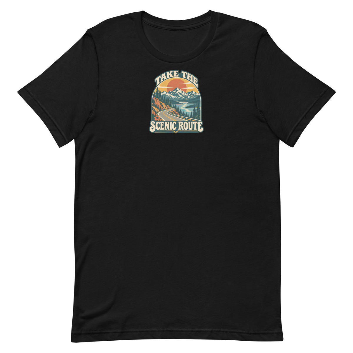 Front view of a black t-shirt with mountains, a river, a winding road, and the words Take the Scenic Route.