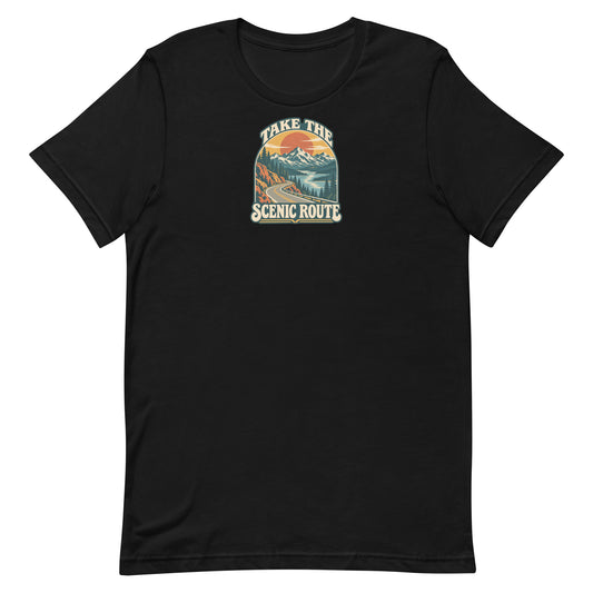 Front view of a black t-shirt with mountains, a river, a winding road, and the words Take the Scenic Route.