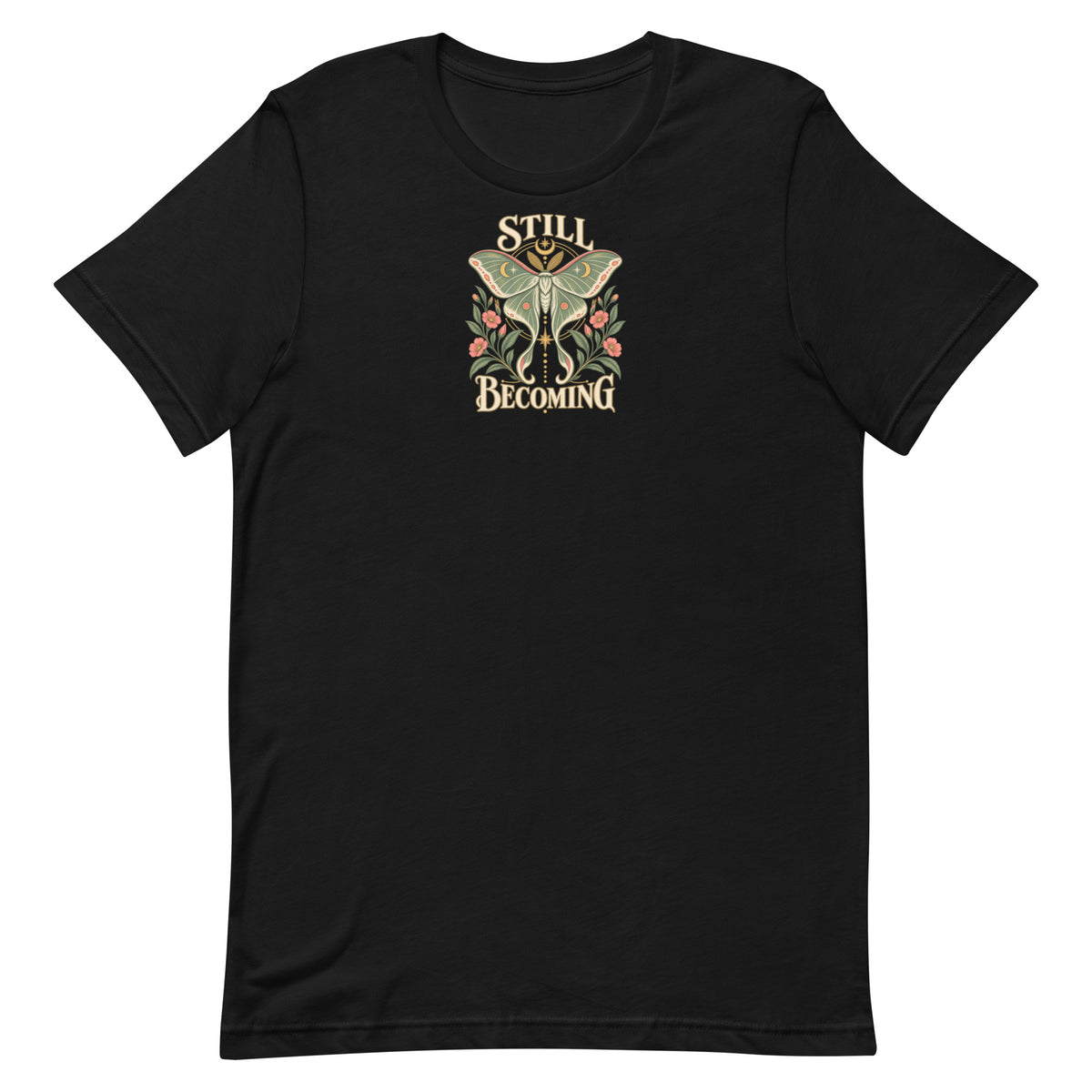 Front of a black Still Becoming graphic T-shirt with a sage luna moth, botanical sprigs, and cream lettering.