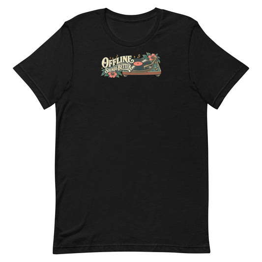 Front view of a black T-shirt with a wide Offline Sounds Better vinyl-record graphic across the upper chest.