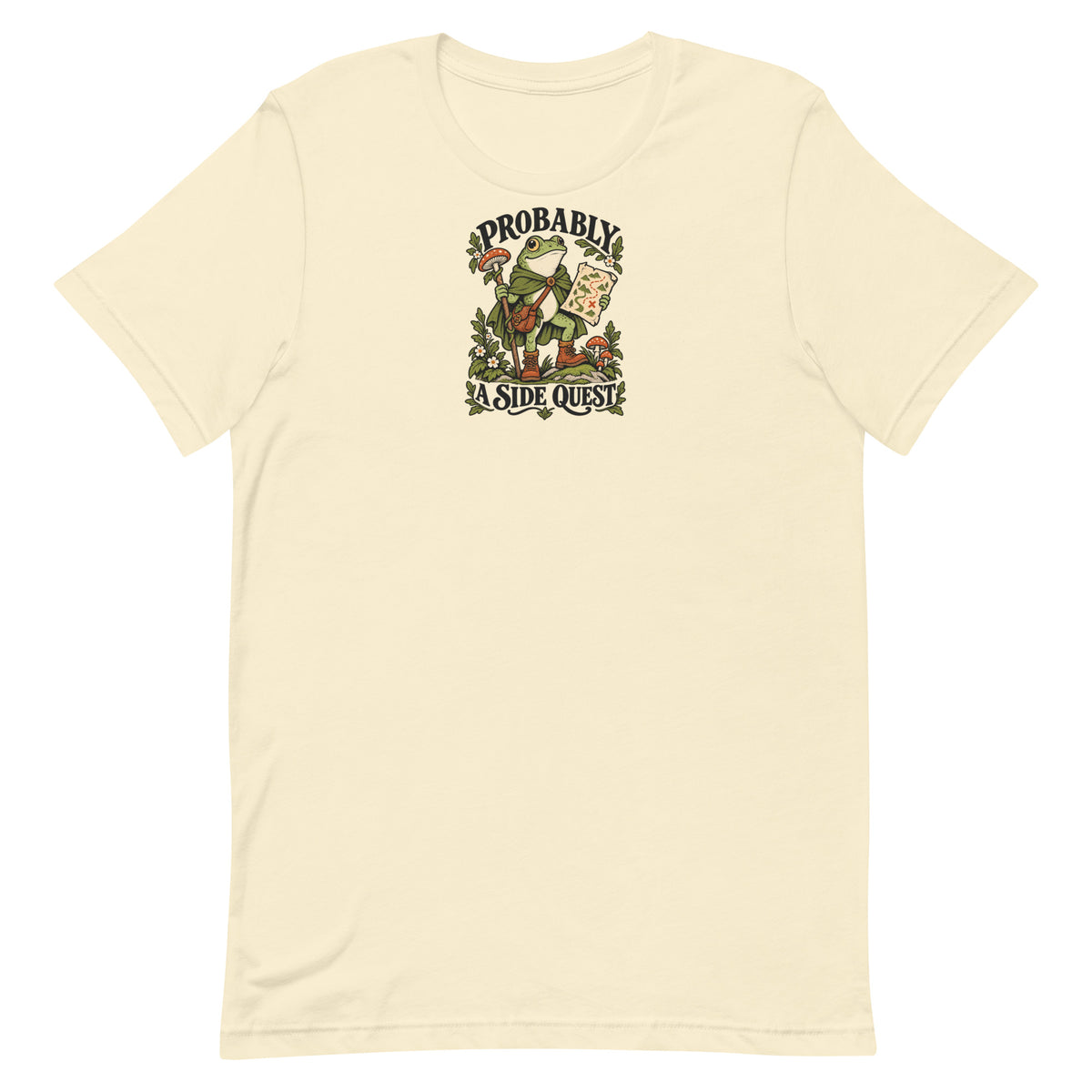 Front view of a natural-colored t-shirt with a frog explorer and the words Probably a Side Quest.