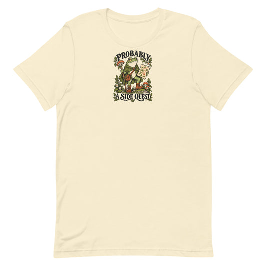 Front view of a natural-colored t-shirt with a frog explorer and the words Probably a Side Quest.
