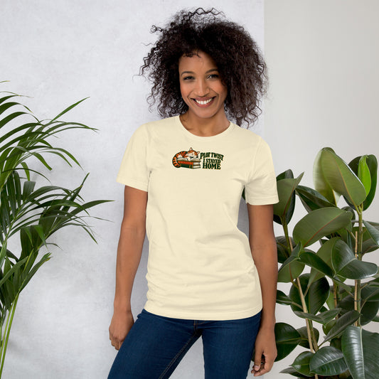 Curly-haired woman wearing the natural Plot Twist I Stayed Home cat-and-books graphic T-shirt, front view.